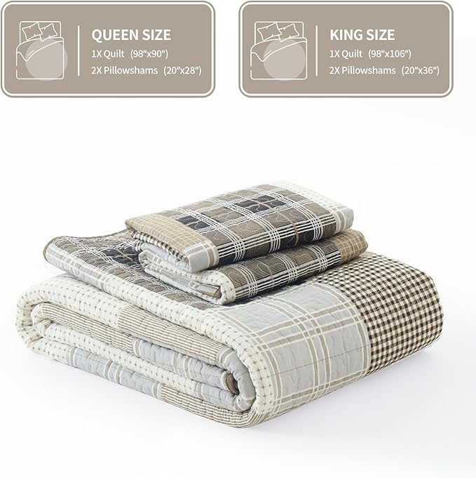KALOOLA Plaid Queen Quilt Set, 100% Cotton Beige Queen Quilt Bedding Set, Farmhouse Reversible Quilted Bedspread Coverlet with 2 Pillow Shams, Lightweight Thin Comforter for All Season, 3 Pieces