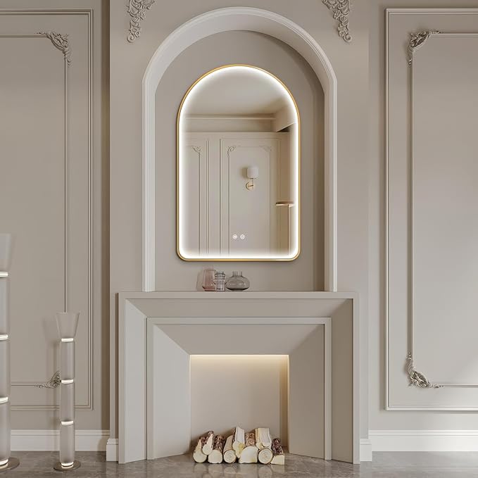 Niccy Arched LED Bathroom Mirror, 48"x30" Gold Framed Arch Wall Lighted Mirrors, Arching Frontlit Vanity-Mirror with Memory Function for Bathroom Bedroom, Defogger and 3 Color, Explosion-Proof