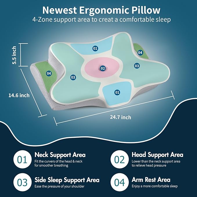 Cervical Neck Pillow for Pain Relief - Cooling Side Sleeper Pillow for Sleeping, Ergonomic Memory Foam Pillows for Neck Support, Contour Orthopedic Bed Pillow for Back Stomach Sleepers