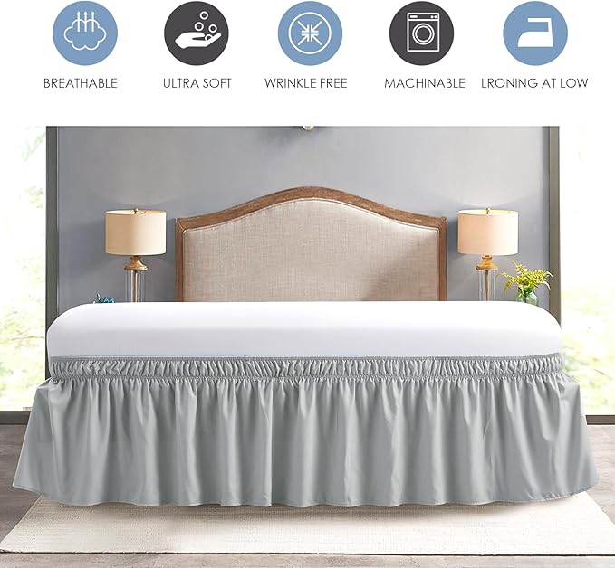 FreshCulture Elastic Wrap Around Bed Skirt - Easy Fit with 22-Inch Tailored Drop, Hotel Quality Dust Ruffle for Full Size Bed (Light Grey)