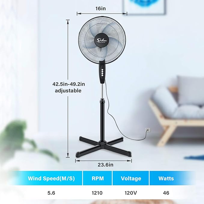 Simple Deluxe Oscillating 16'' 3 Adjustable Speed Pedestal Stand Fan for Indoor, Bedroom, Living Room, Home Office & College Dorm Use, 16 Inch, Black