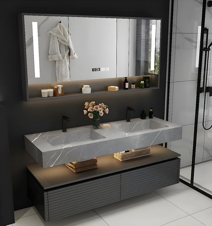 Double Sink Bathroom Vanity, Floating Bathroom Vanity with LED Smart Defogging Mirror and One-Piece Sink, Modern Bathroom Vanities with Open Floating Shelf, Rock Countertop & Faucet (Grey,84")