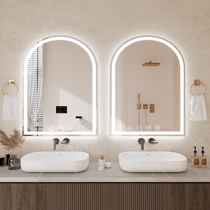 LED Bathroom Mirrors with Lights 30"x40" Arched Mirror for Wall,Led Vanity Mirror, Anti-Fog,LED Mirrors with Front Light and Backlit, Anti-Fog, Dimmable, 3 Color, Shatterproof, Touch Sensor