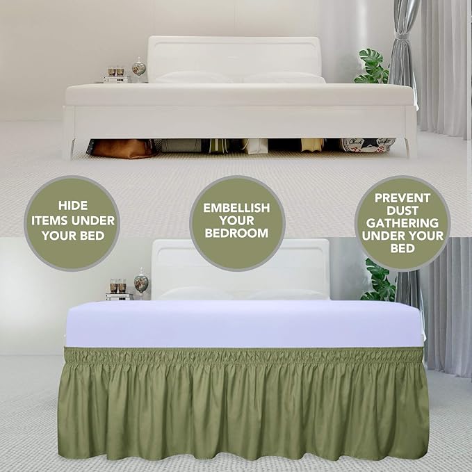 PureFit Wrap Around Ruffled Bed Skirt with Adjustable Elastic Belt - 18 Inch Drop Easy to Put On, Wrinkle Free Bedskirt Dust Ruffles, Bed Frame Cover for Queen, King and C-King Size Beds, Light Green