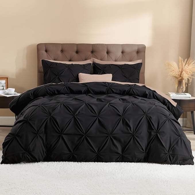 Litanika Black Oversized King Pinch Pleat Duvet Cover, 3 Pieces Pintuck Cover Soft Microfiber Bedding Set with Zipper Closure & Corner Ties(1 Duvet Cover, 2 Pillowcases)