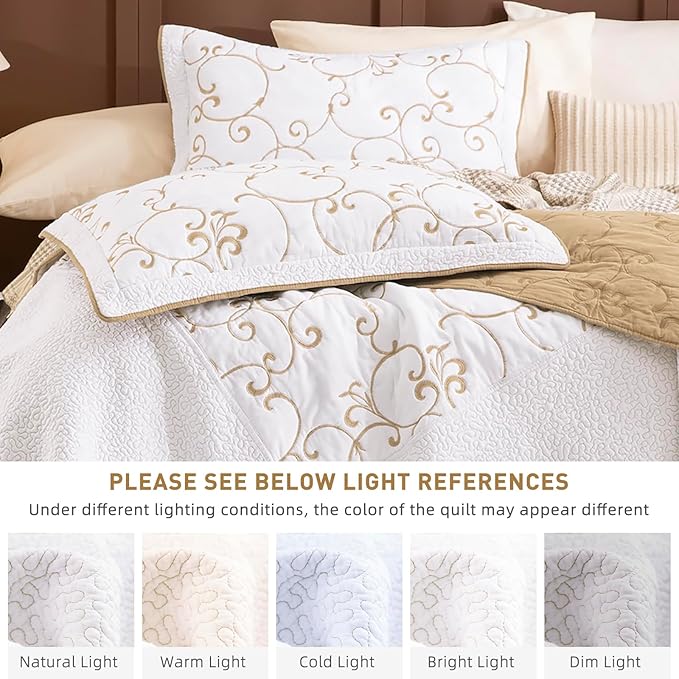 Lady Ann Oversized King 128x120 Quilt Bedspreads,100% Cotton Embroidery Pattern California King Size Quilt Bedding Set Extra Large Lightweight White with Gold Quilted Bedding Coverlet Set 3Pcs