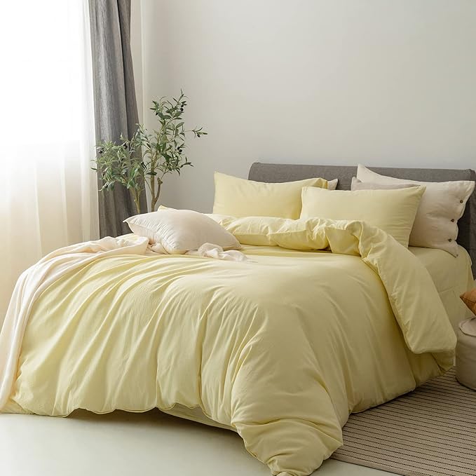 FOSSA Duvet Cover Set 100% Washed Cotton Linen Feel Super Soft Breathable Cozy 3 Pieces Bedding Sets Solid Pastel Yellow Super King