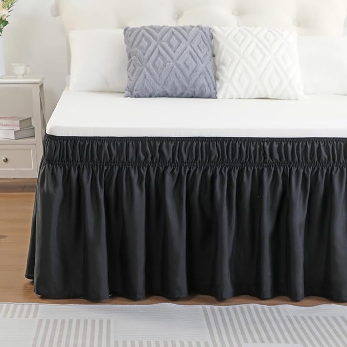 RIMELA Bed Skirt Wrap Around Elastic Dust Ruffles Solid Color Wrinkle and Fade Resistant with Adjustable Elastic Belt Easy to Install Black for Queen Size 18 Inch Drop