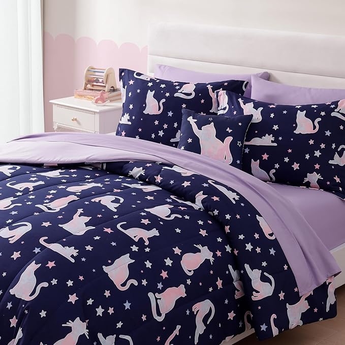 Full Size Comforter Set for Girls-7 Pieces Cute Cat Full Bedding Sets for Kids, Ultra Soft Bed in A Bag with Sheets