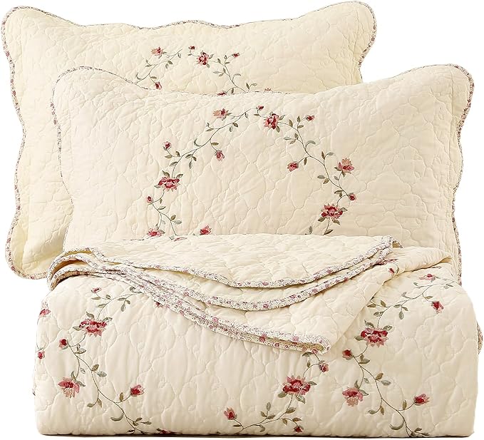 vctops 3-Piece Floral Embroidered Bedspread Coverlet Set Twin Size 100% Cotton Reversible Patchwork 1 Quilt and 2 Pillow Shams (Flower,Twin)