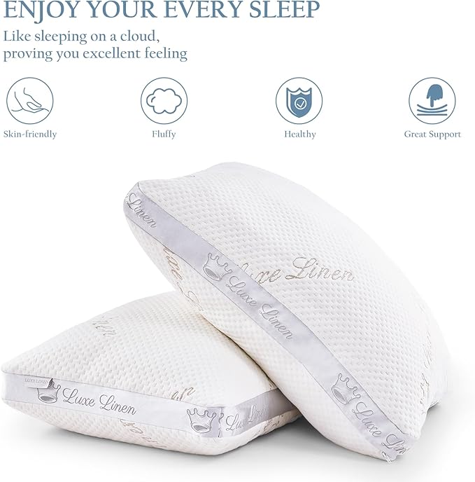 Organic Cotton Queen Bed Pillows, Shredded Memory Foam Pillows, Adjustable Bed Pillow for Sleeping, 20"x30"Organic Cotton Bed Pillows for Side, Back, Stomach Sleepers（Pack of 1）