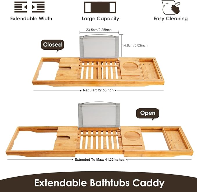 Premium Bamboo Bathtub Tray Caddy, Bath Tub Trays Table for Bathtub, Expandable Bath Caddy Tray, Bathtub & Bathroom Accessories for New Home, Anniversary and Wedding Gifts for Couple