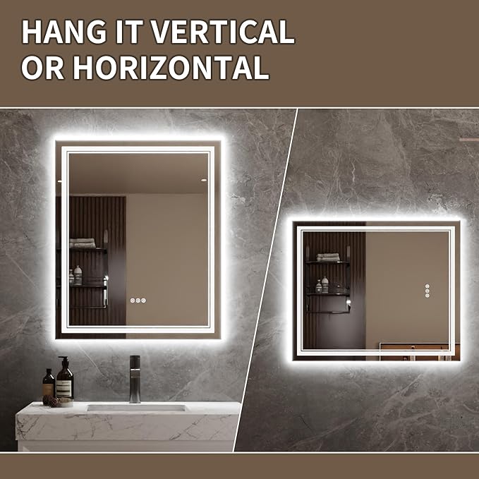 Bathroom Mirror with Lights 30"X36" with Front Light and Backlit, Tempered Glass, Wall Mount Horizontal/Vertical, Stepless Dimmable, 3 Colors, Anti Fog, Bathroom Memory LED Mirror