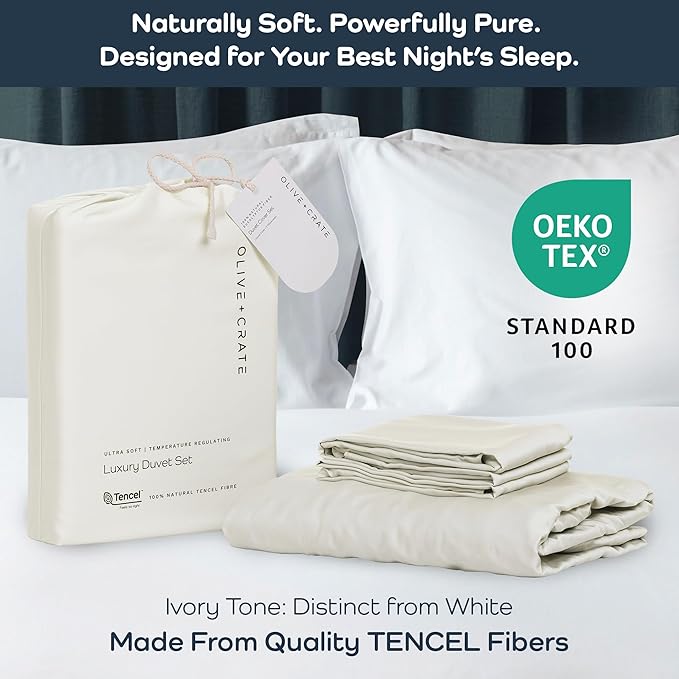 Olive + Crate Tencel Eucalyptus Cooling Duvet Cover Set - Hypoallergenic, Lyocell Tencel Duvet Cover - Soft, Temperature Regulating with Hidden Button Closure & Corner Ties - King Size [Ivory]