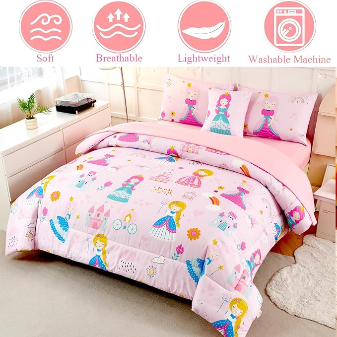 ANGIYUIN Pink Princess Queen Bedding Set Cartoon Rainbow Kids Bed Set Cute Fairy Tales Castle Bedding Set for Girls(1 Comforter, 1 Flat Sheet, 1 Fitted Sheet, 2 Pillowcases,1 Square Pillowcases)