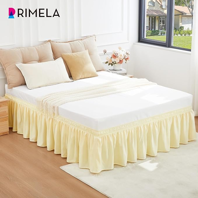 RIMELA Bed Skirt Queen Size 12 Inch Drop, Wrap Around Elastic Bedskirt Solid Microfiber Luxury Hotel Quality Fabric, Easy to Install Machine Washable Wrinkle & Fade Resistant, Beige Yellow