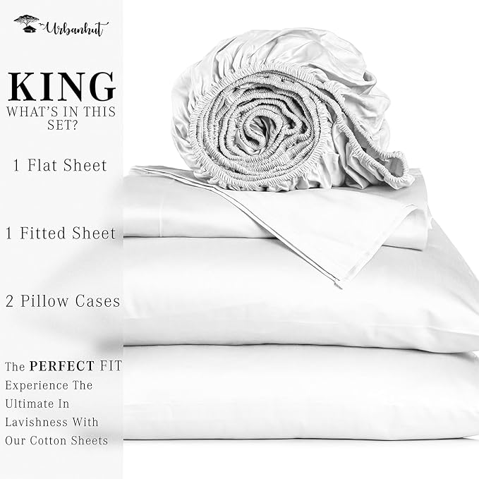 URBANHUT 1000 Thread Count Egyptian Cotton Sheets King Size, Long Staple Soft & Breathable, 4 Pc Bed Sheet Sets, Luxury Hotel Sateen Sheets Fits 16" Deep Pocket - White