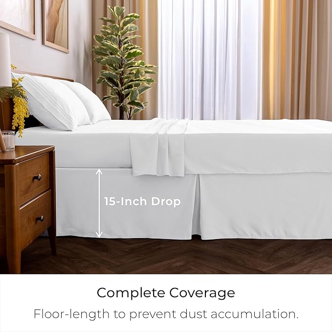 Mellanni Bed Skirt Twin Size - Bed Skirting - 15-Inch Tailored Drop Pleated Dust Ruffle - Hotel Luxury Bedding - Wrinkle, Fade, Stain Resistant - 1 Bedskirt (Twin, White)