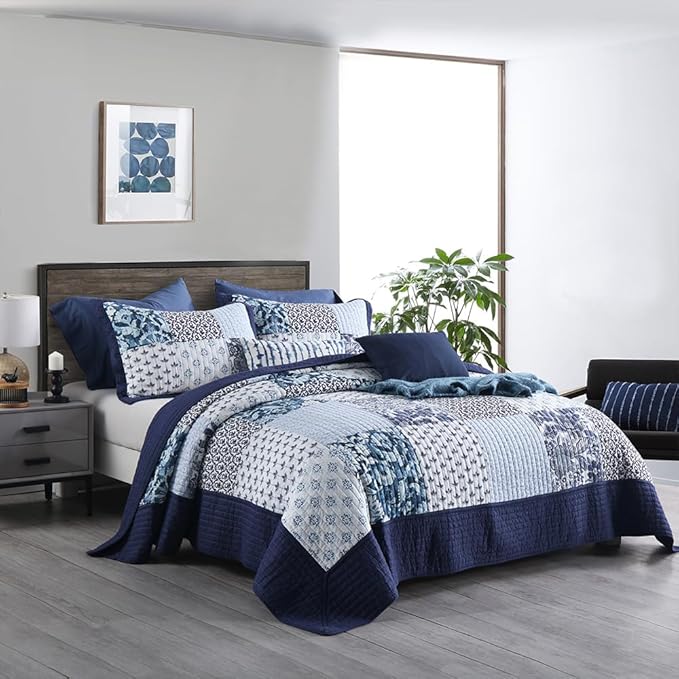 ENASAL Cotton Bedspread Quilt Sets Reversible Bedding Coverlet Sets Luxury Blue White Floral Real Patchwork Bedspread, Queen Size