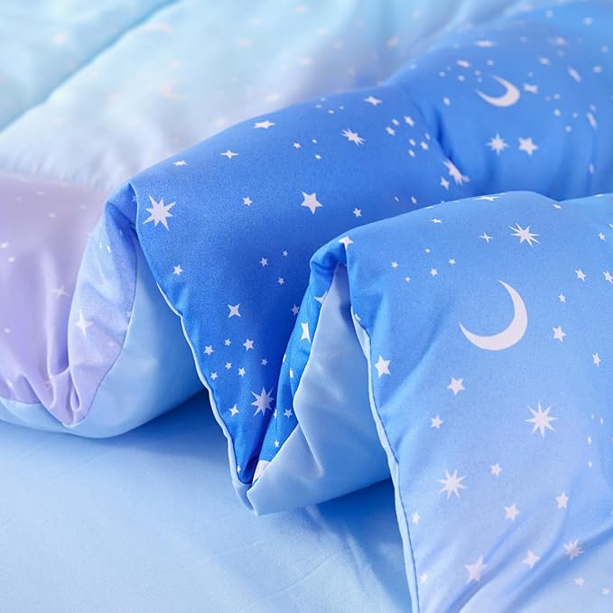 URBONUR 6Pcs Gradient Glitter Comforter Set for Girls Queen Size Blue Galaxy Kids Bedding Set for Boys Comforter Sets Soft Bed in A Bag Queen (Ombre Blue)