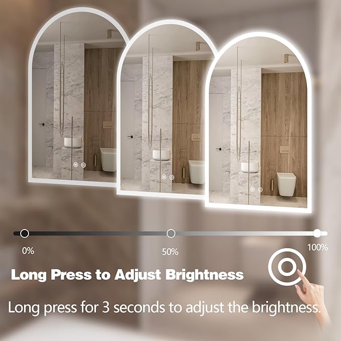 Niccy Arched LED Bathroom Mirror, 40"x24" Arch Frameless Frontlit & Backlit Mirrors for Wall, Arched Lighted Vanity Mirrors with Memory Function for Bathroom Bedroom, Defogger 3 Color, Explosion-Proof
