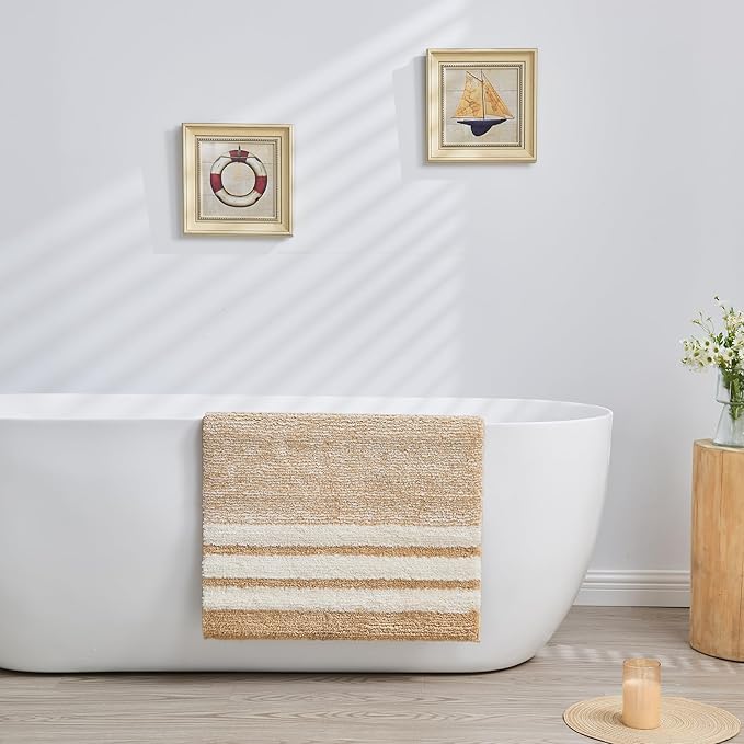 CozeCube Bath mats for Bathroom Non Slip, Fluffy Absorbent Microfiber Bath mat Washable, Aesthetic Bathroom Rugs, Small Beige Striped Bath mat, Beige, 24" x 16"