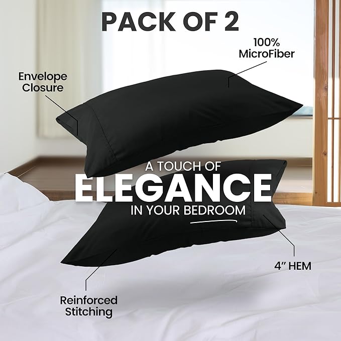 Pillow Covers by Utopia Bedding - Queen Size 2-Pack – Soft Brushed Microfiber – Perfect for Hospitals, Hotels, Guest Rooms – Oeko-TEX Certified, 20x30 Inches (Black)