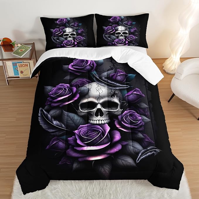 Death Skull Heads King Size Comforter Sets,Horror Themed Gothic Bedding for Kids Teens Boys Room Decor,Mysterious Floral Spider Western Comforter Sets with 2 Pillowcases.