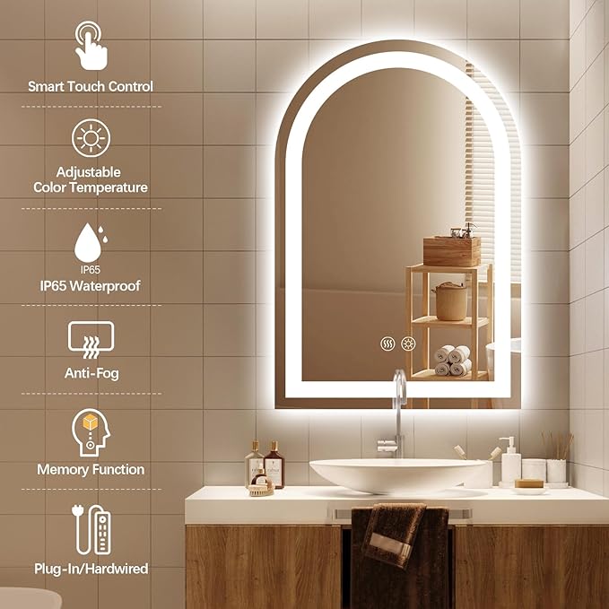 Niccy Arched LED Bathroom Mirror, 36x24 Arch Wall Mounted Frameless Bathroom Mirror for Vanity, Smart Lighted Frontlit Mirrors with Memory Function for Bathroom Bedroom Beauty Hair Salon