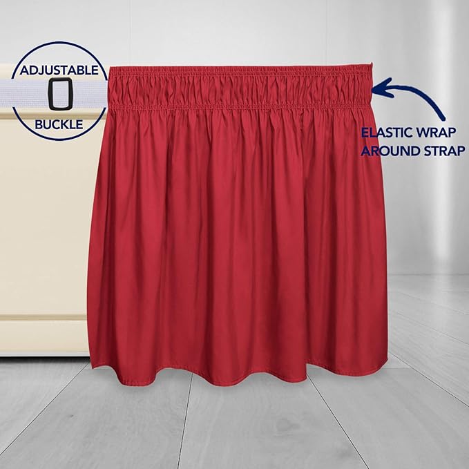 PureFit Wrap Around Ruffled Bed Skirt with Adjustable Elastic Belt - 18 Inch Drop Easy to Put On, Wrinkle Free Bedskirt Dust Ruffles, Bed Frame Cover for Queen, King and C-King Size Beds, Red
