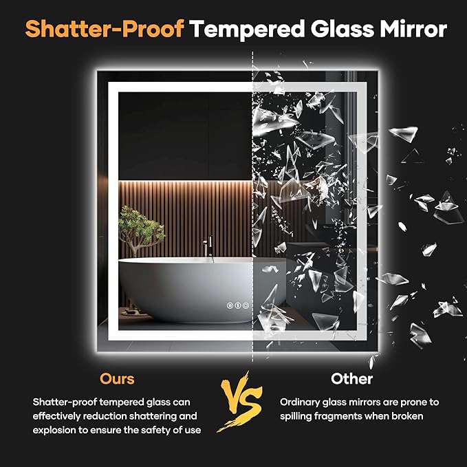 LED Bathroom Mirror with Lights, 36×36Inch Front and Backlit Led Mirror for Bathroom, 3 Colors Dimmable, Defogging, Memory Function, Shatterproof, Tempered Glass, Horizontal/Vertical, UL Listed