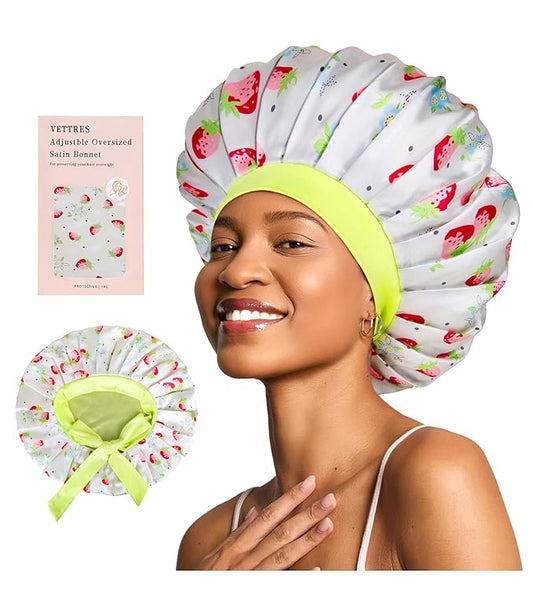 Floral Satin Bonnet For Sleeping Women Double Layer Pleated Design Adjustable Shower Cap For Curly Hair Strawberries