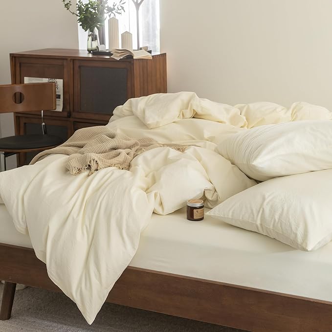 FOSSA Duvet Cover Set 100% Washed Cotton Linen Feel Super Soft Breathable Cozy 3 Pieces Bedding Sets Solid Cream White California King