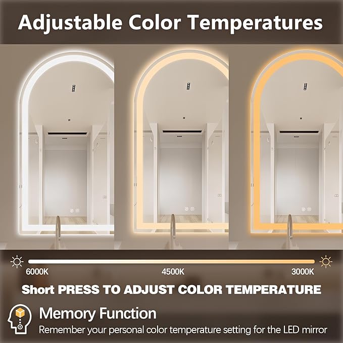 Niccy Arched LED Bathroom Mirror, 33x20 Arch Wall Mounted Frameless Bathroom Mirror for Vanity, Smart Lighted Frontlit Mirrors with Memory Function for Bathroom Bedroom Beauty Hair Salon