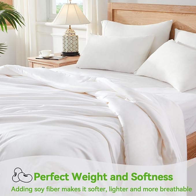 Globon Summer Comforter Queen Size,Luxurious Lightweight Blanket for Hot Sleepers,Natural Cooling Bamboo Viscose Shell,Organic Breathable Fill, Double Stitch,White