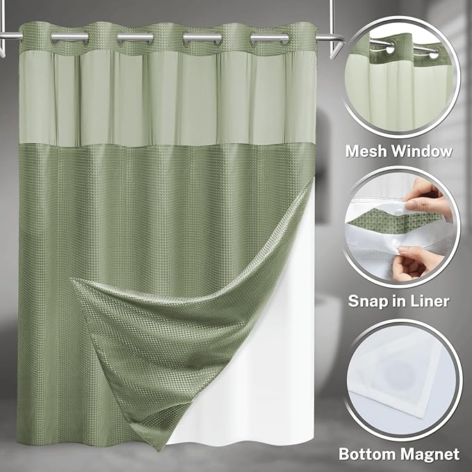No Hook Shower Curtain with Snap in Liner Set Waffle Shower Curtain for Bathroom Hotel Style Fabric Waterproof Inner Liner，71" W x 80" H, Green