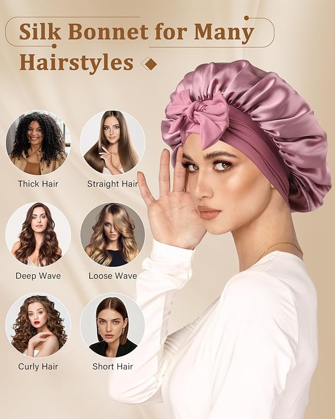 AWAYTR Mulberry Silk Bonnet for Sleeping - Silk Sleep Bonnet with Tie Band for Curly Hair Men and Women (Rose Gold)