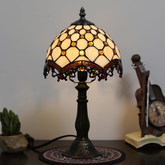 Stained Glass Table Lamp - 8-inch Vintage Stained Glass Lamp, Suitable for Bedroom Bedside, Living Room Night Light, and Home Office mini Table lamp