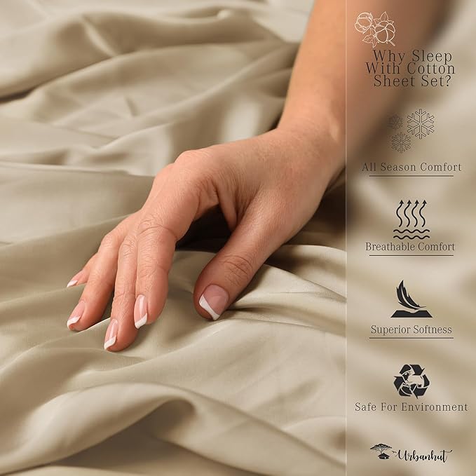 URBANHUT 700 Thread Count Egyptian Cotton Sheets Full Size, 4Pc Sheet Set Soft Luxury Bed Sheets for Full Size Bed, Sateen Weave Hotel Sheets, 14'' Elasticized Deep Pocket - Sand