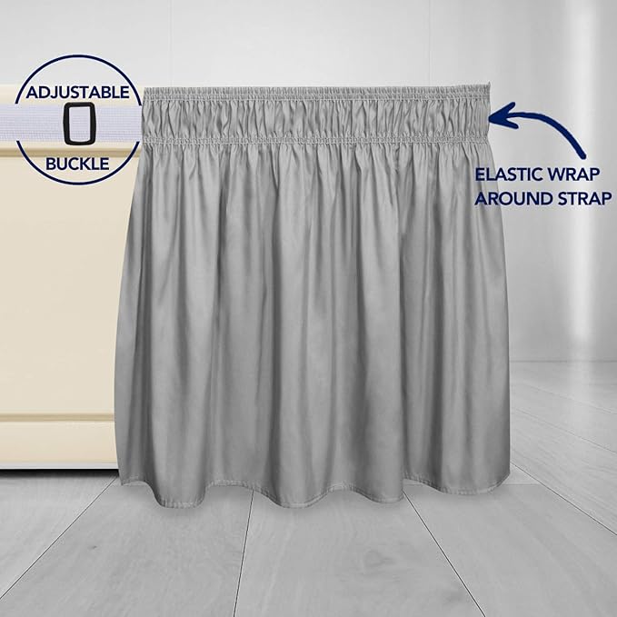 PureFit Wrap Around Ruffled Bed Skirt with Adjustable Elastic Belt - 22 Inch Drop Easy to Put On, Wrinkle Free Bedskirt Dust Ruffles, Bed Frame Cover for Twin,Twin XL and Full Size Beds, Light Gray