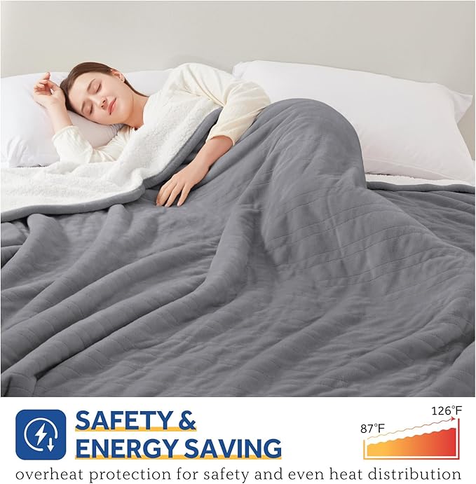 SEALY Electric Blanket King Size, Flannel & Sherpa Heated Blanket with 10 Heating Levels & 1-12 Hours Auto Shut Off, Fast Heating Warming Blanket, Machine Washable, Light Grey, 100 x 90 Inch
