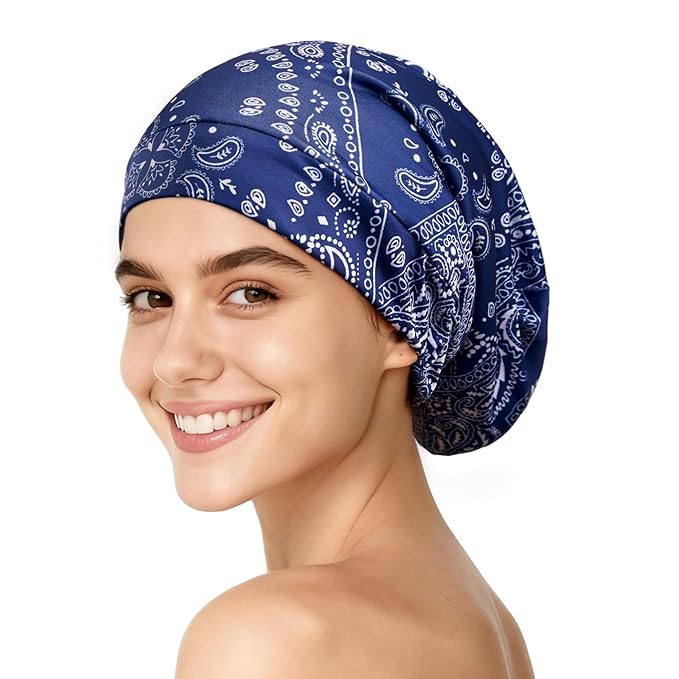 YFONG Print Pure Silk Lined Beanies for Women & Men, 22 MM Mulberry Silk Bonnet for Sleeping, Chemo Headwear, Adjustable Stay on Slouchy Hat Cap for Curly Long Hair & Braids, Blue