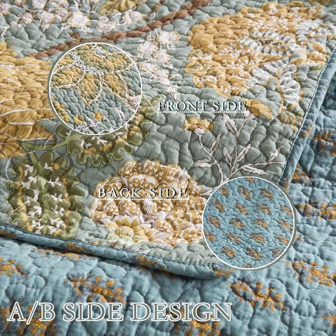 Cotton Bedspread Bedding Coverlet Quilt Sets, Reversible Vintage Branch Floral Bedspread comforters, (Rustic Sage Green Floral Pattern, King Size)