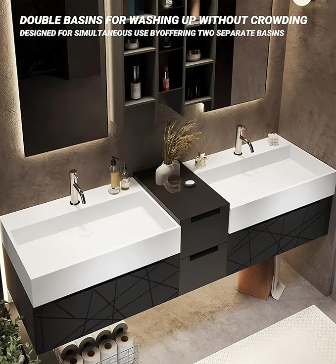 Double Bathroom Vanity with Sink, Floating Modern Bathroom Vanity Set Includes LED Smart Defogging Mirror and Open Storage Wall Cabinet, Solid Wood Bathroom Cabinet with Large Drawer (Apricot, 72")