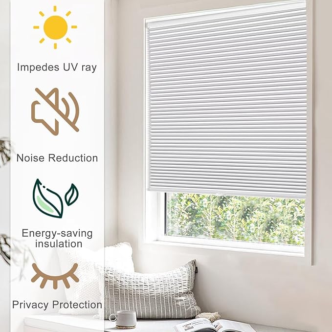 MYshade 1.5-Inch Cellular Cordless Blackout Shades,Thermal Insulating Noise Reducing Waterproof Blinds,Honeycomb Window Treatments for Indoor Light Control (White-Custom)