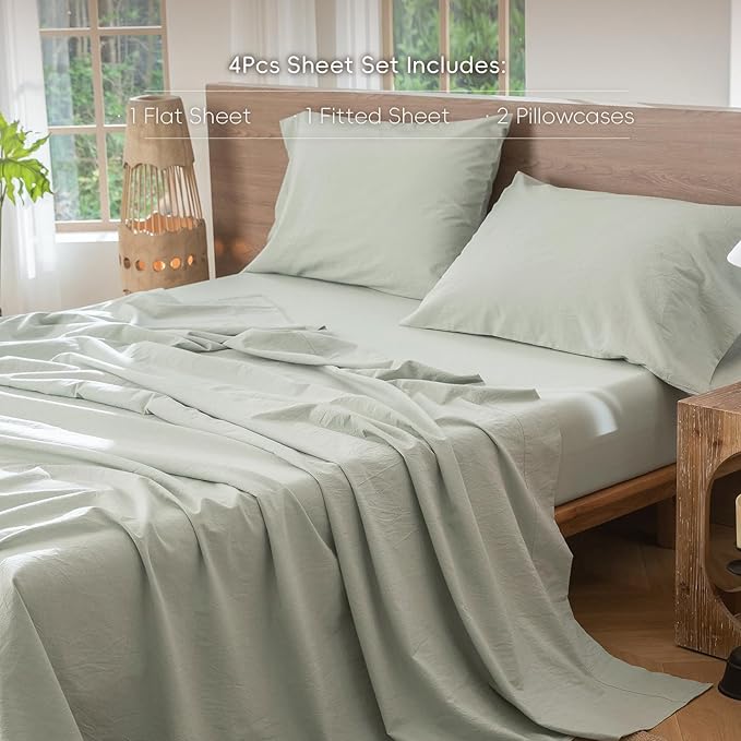 MooMee Bedding Sheet Set 100% Washed Cotton Linen Like Textured Breathable Durable Soft Comfy (Heathered Sage Green, California King)