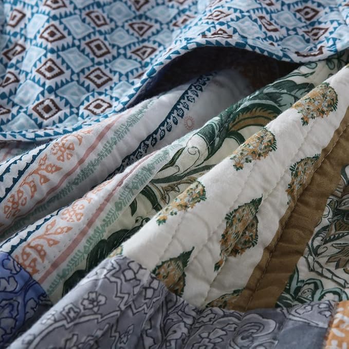 Autumn Dream Cotton Bedspread Quilt Sets Reversible Bedding Coverlet Sets Comforter, Vintage Floral Patchwork Red Blue Bedspread, King Size (Blue Bohemian Patchwork, Queen (90 by98 Inch))