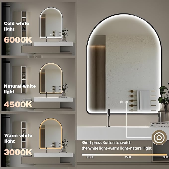 Niccy Arched LED Bathroom Mirror, 48"x30" Black Framed Arch Wall Lighted Mirrors, Arching Frontlit Vanity-Mirror with Memory Function for Bathroom Bedroom, Defogger and 3 Color, Explosion-Proof