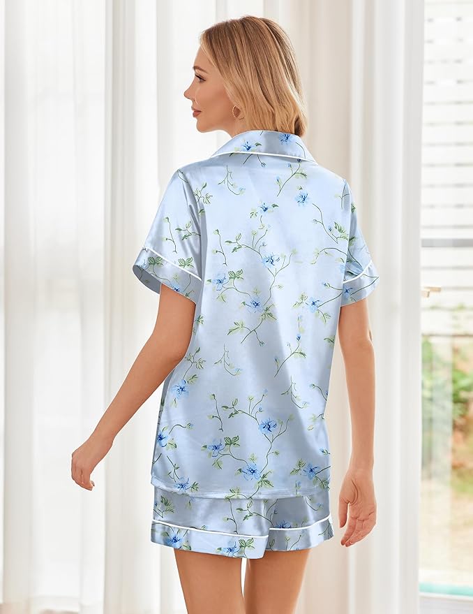 Ekouaer Womens Silk Satin Pajama Sets Soft Short Sleeve Button Down Sleepwear Top and Shorts 2 Piece Pjs Lounge Set