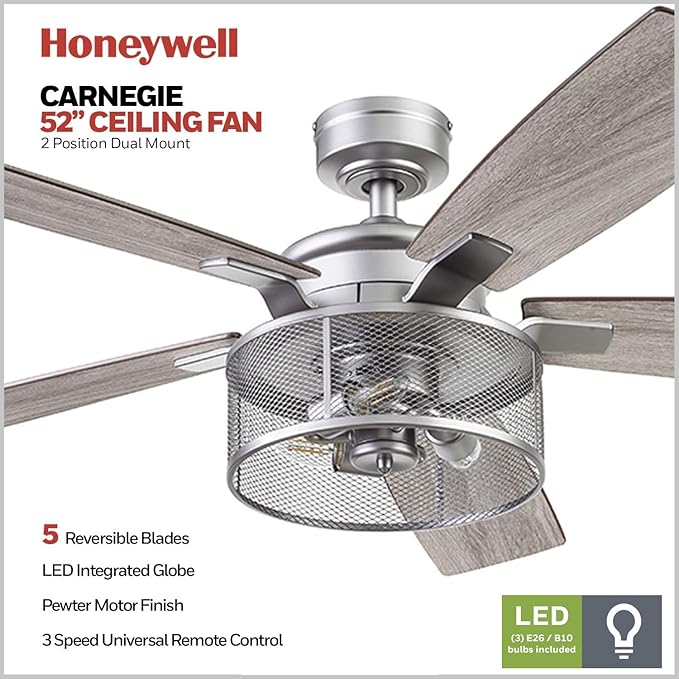 Honeywell Ceiling Fans Carnegie, 52 Inch Industrial Style Indoor LED Ceiling Fan with Light, Remote Control, Dual Mounting Options, 5 Dual Finish Blades, Reversible Airflow - 51460-01 (Silver)